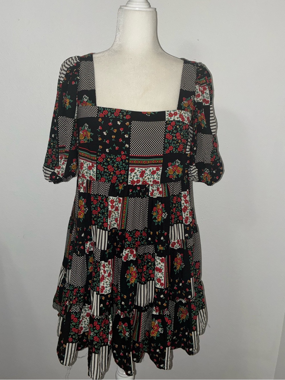 Urban Outfitters Patchwork Mini Dress Black Red Floral Peasant Snock